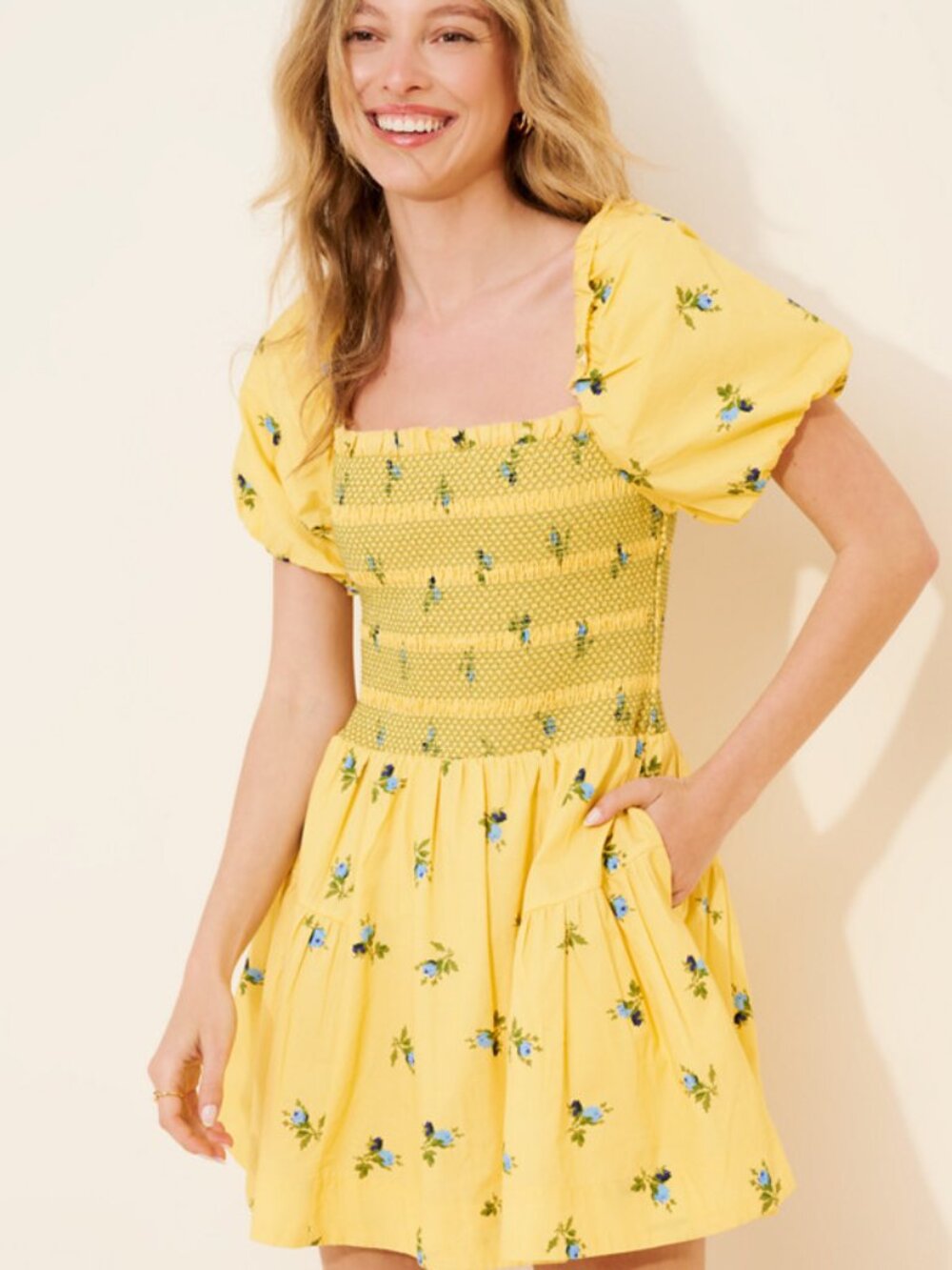 By Anthropologie Puff-Sleeve Square-Neck Smocked Mini Dress